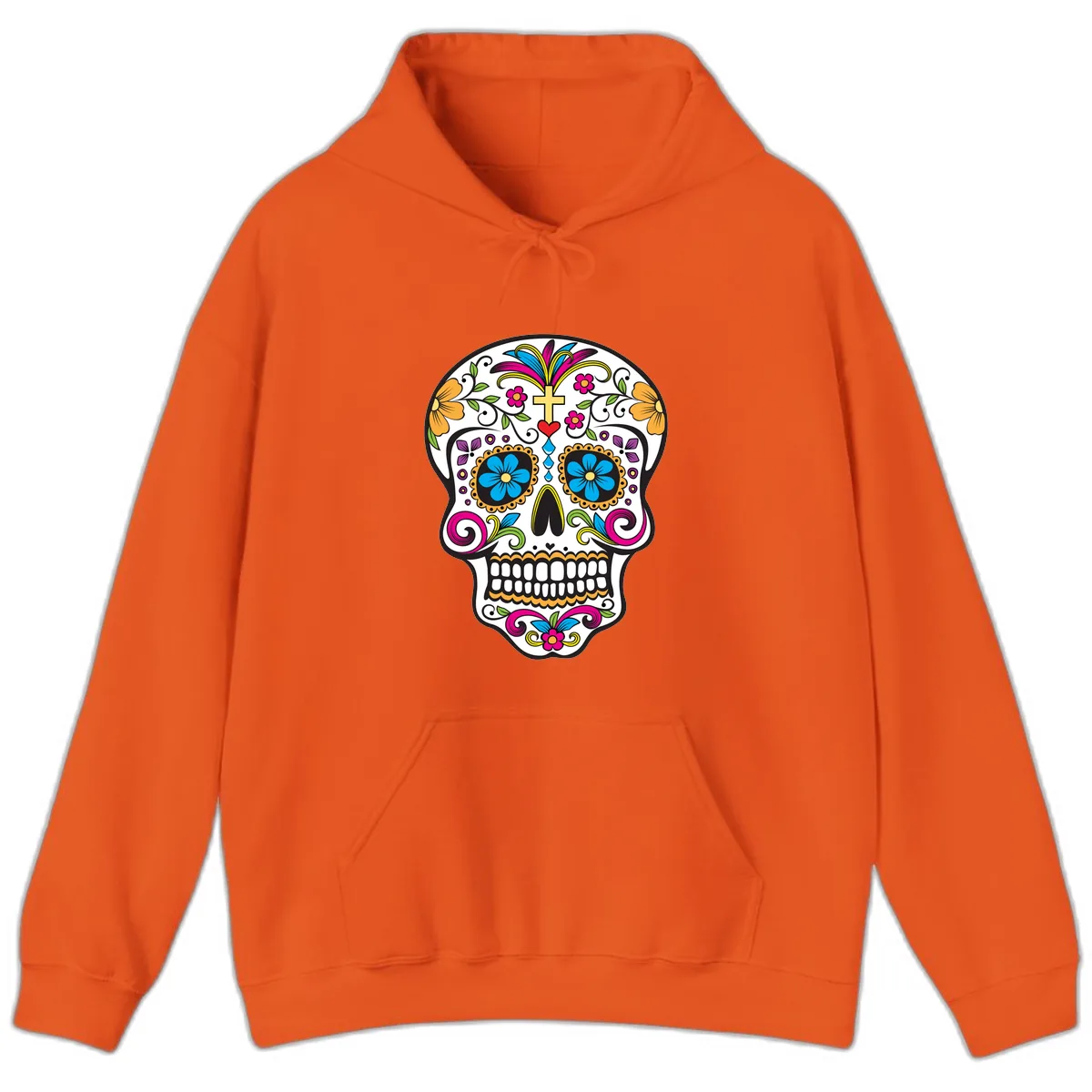 Vibrant Sugar Skull With Cross And Flowers Hoodie in Orange