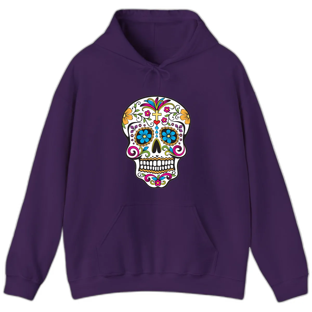 Vibrant Sugar Skull With Cross And Flowers Hoodie in Purple