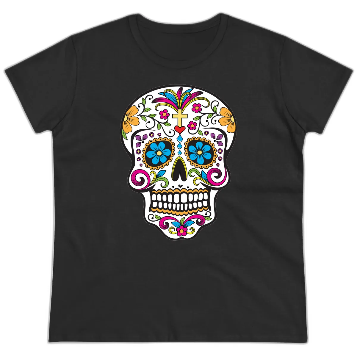 Vibrant Sugar Skull With Cross And Flowers Ladies Tee in Black