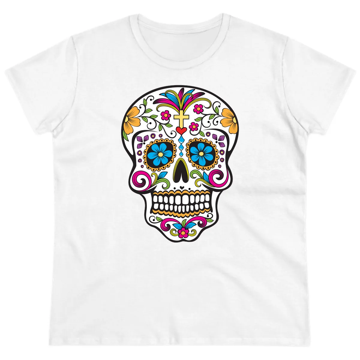 Vibrant Sugar Skull With Cross And Flowers Ladies Tee in White