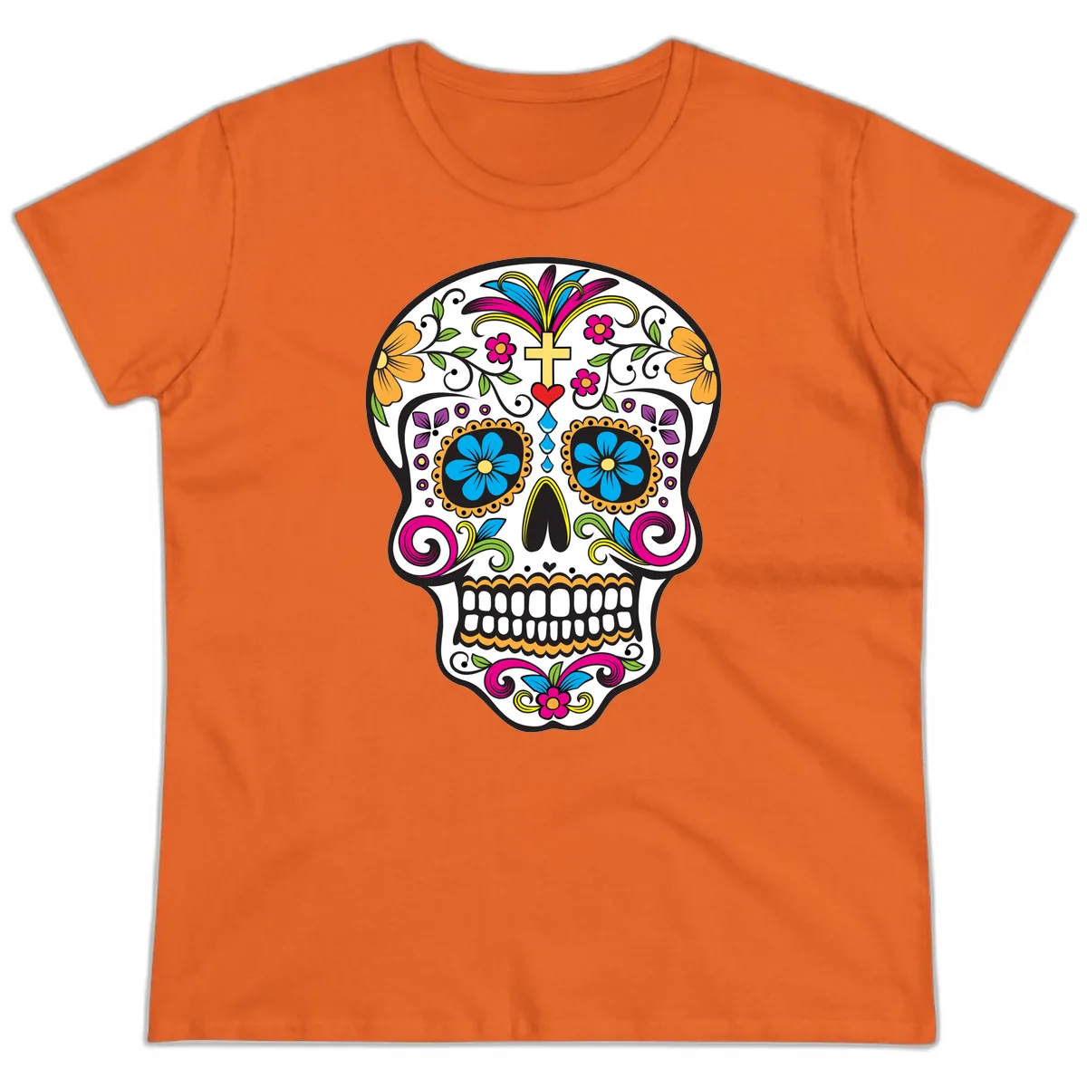 Vibrant Sugar Skull With Cross And Flowers Ladies Tee in Orange