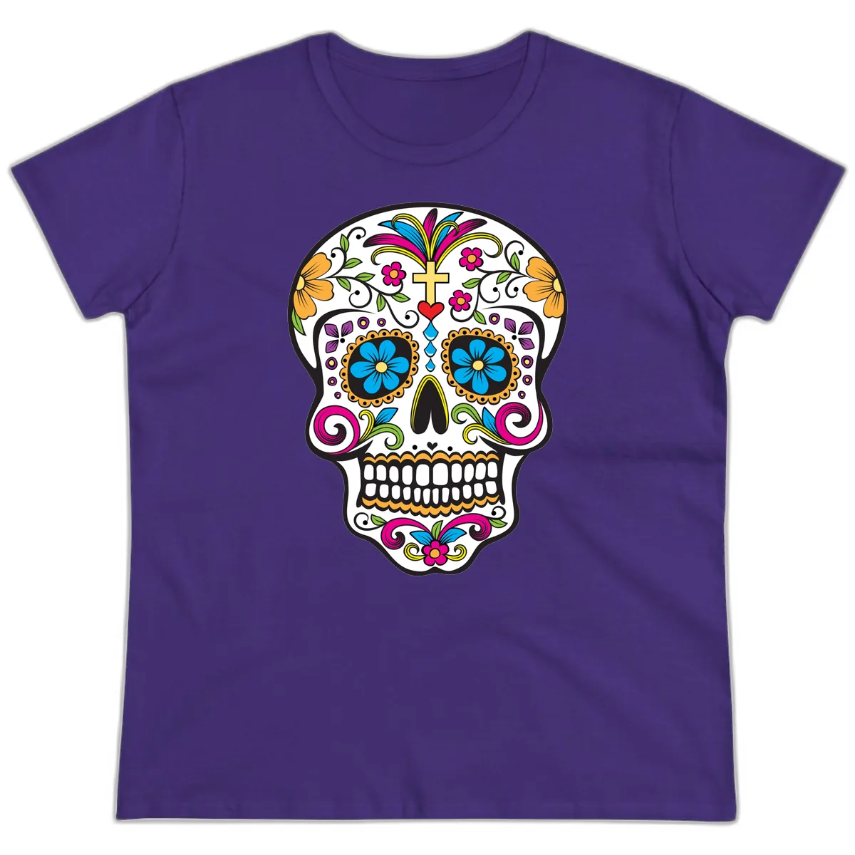 Vibrant Sugar Skull With Cross And Flowers Ladies Tee in Purple