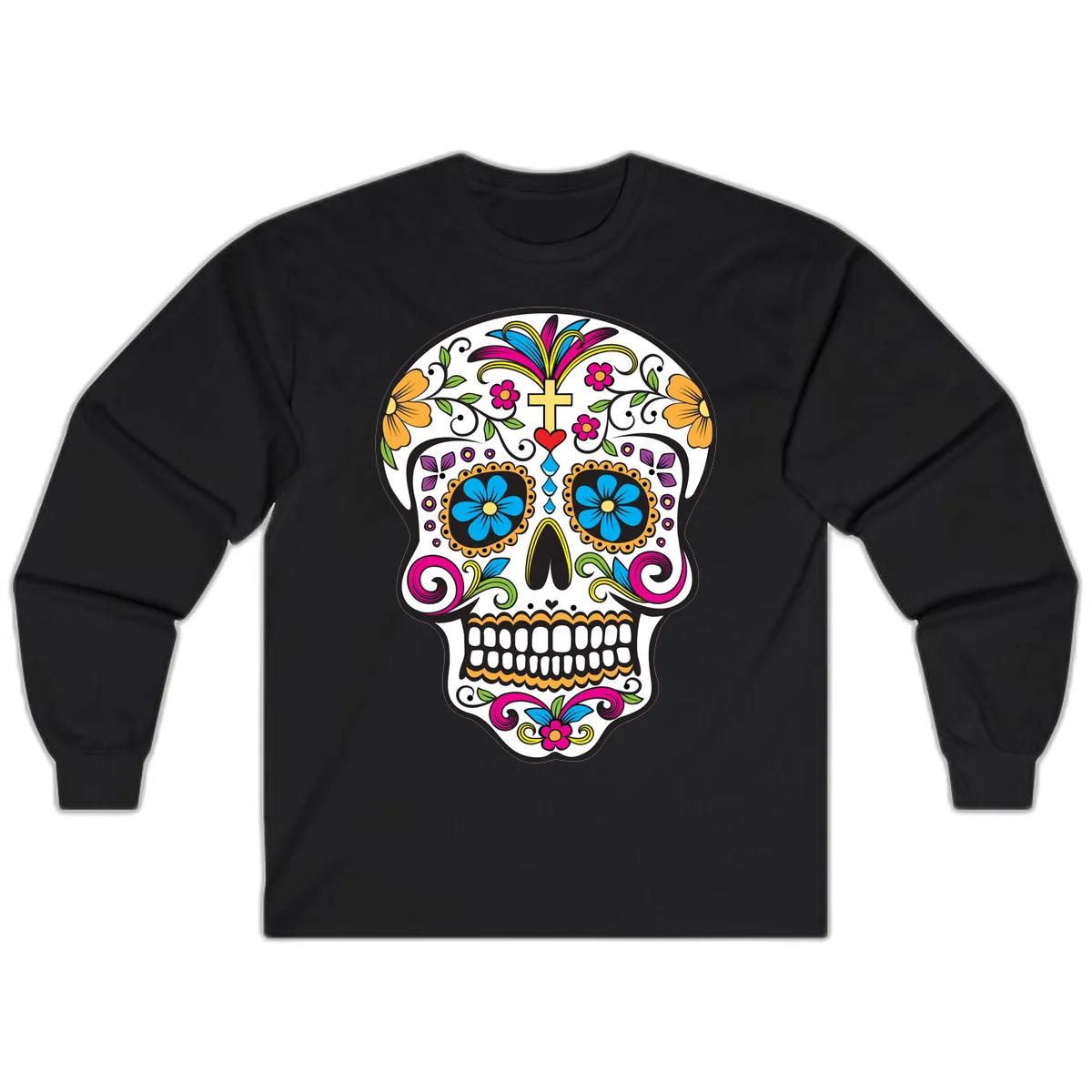 Vibrant Sugar Skull With Cross And Flowers Long Sleeve in Black