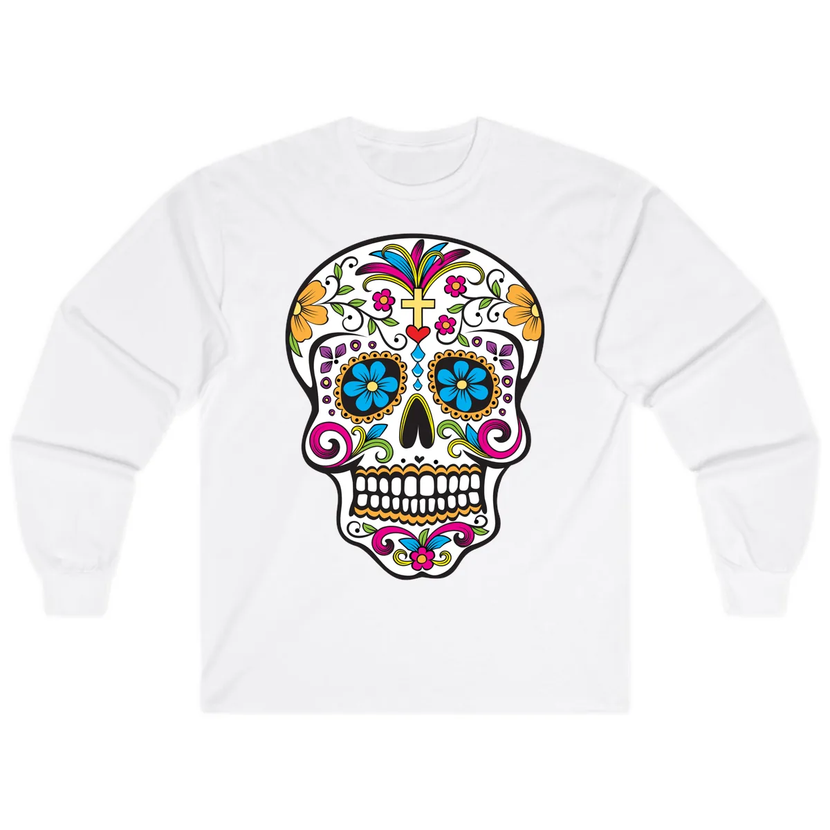 Vibrant Sugar Skull With Cross And Flowers Long Sleeve in White
