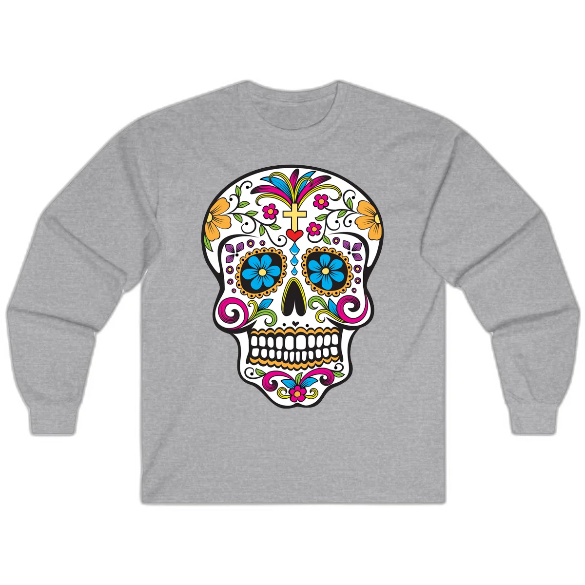 Vibrant Sugar Skull With Cross And Flowers Long Sleeve in Sport Grey
