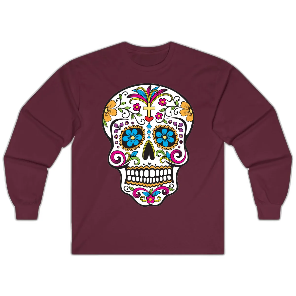 Vibrant Sugar Skull With Cross And Flowers Long Sleeve in Maroon