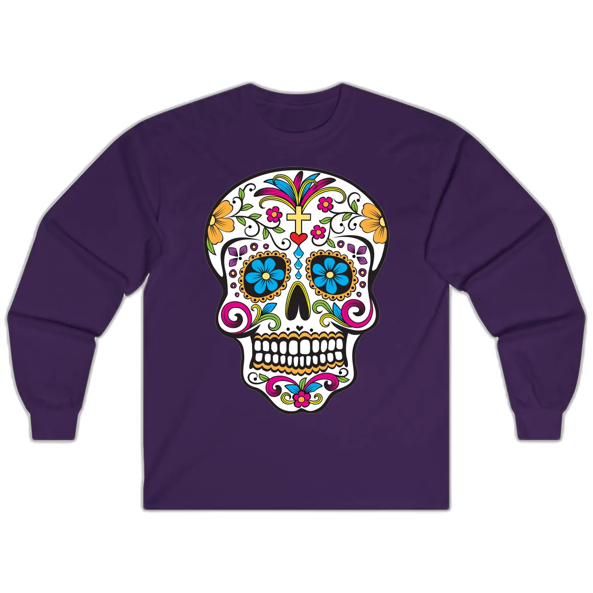 Vibrant Sugar Skull With Cross And Flowers Long Sleeve in Purple