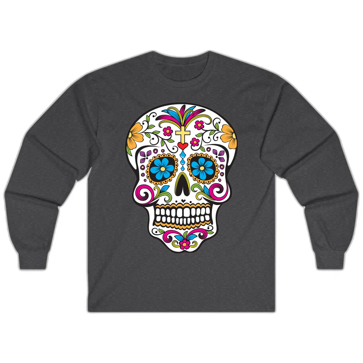 Vibrant Sugar Skull With Cross And Flowers Long Sleeve in Dark Heather