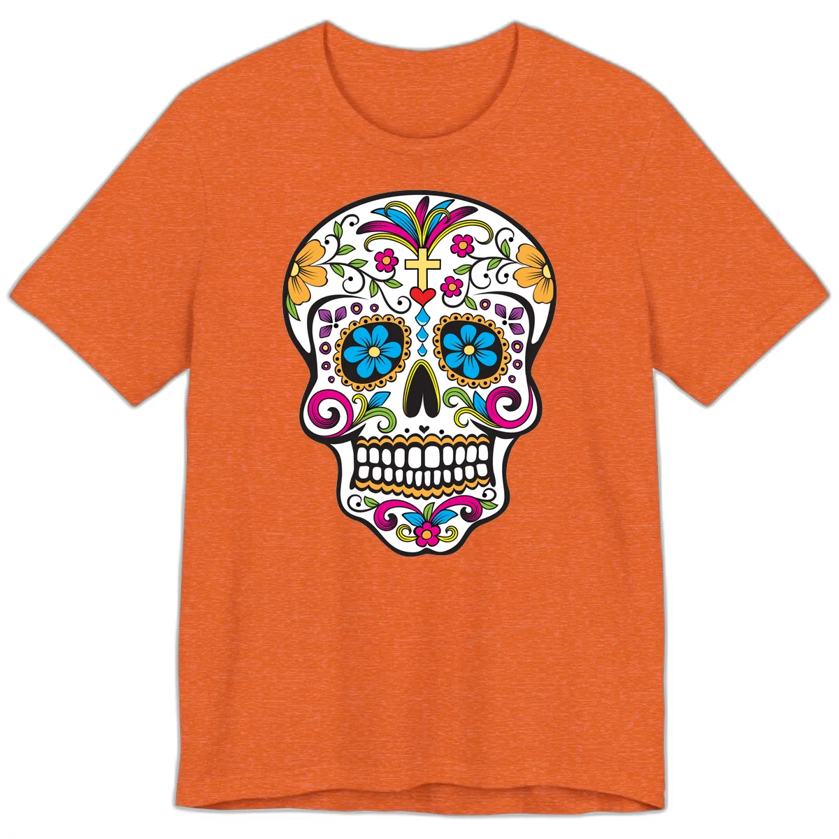Vibrant Sugar Skull With Cross And Flowers Premium T-Shirt in Heather Orange