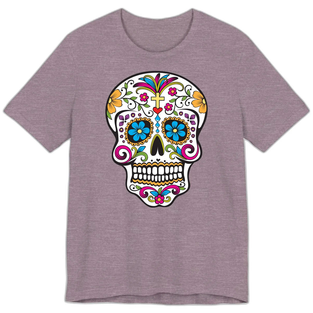 Vibrant Sugar Skull With Cross And Flowers Premium T-Shirt in Heather Purple