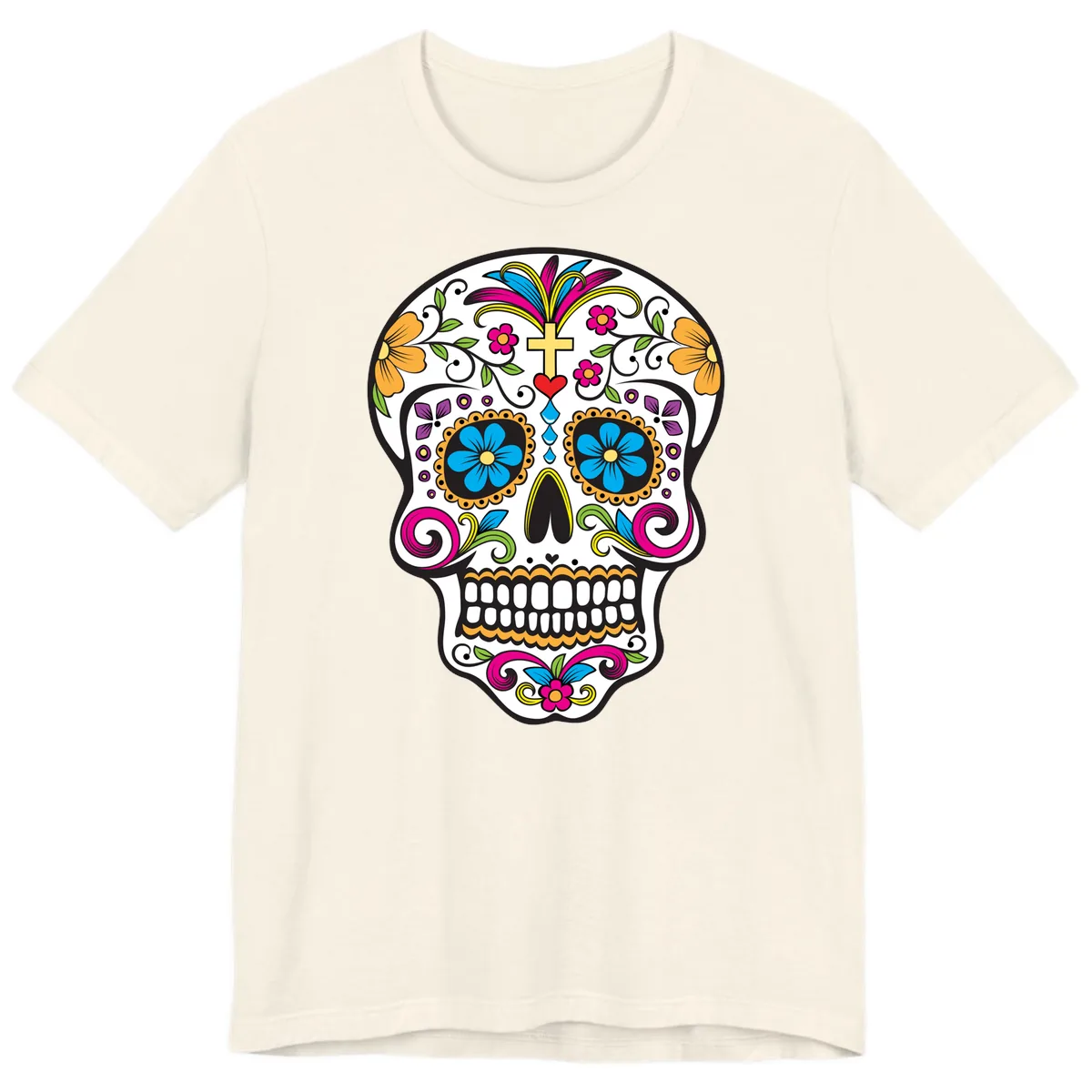 Vibrant Sugar Skull With Cross And Flowers Premium T-Shirt in Natural