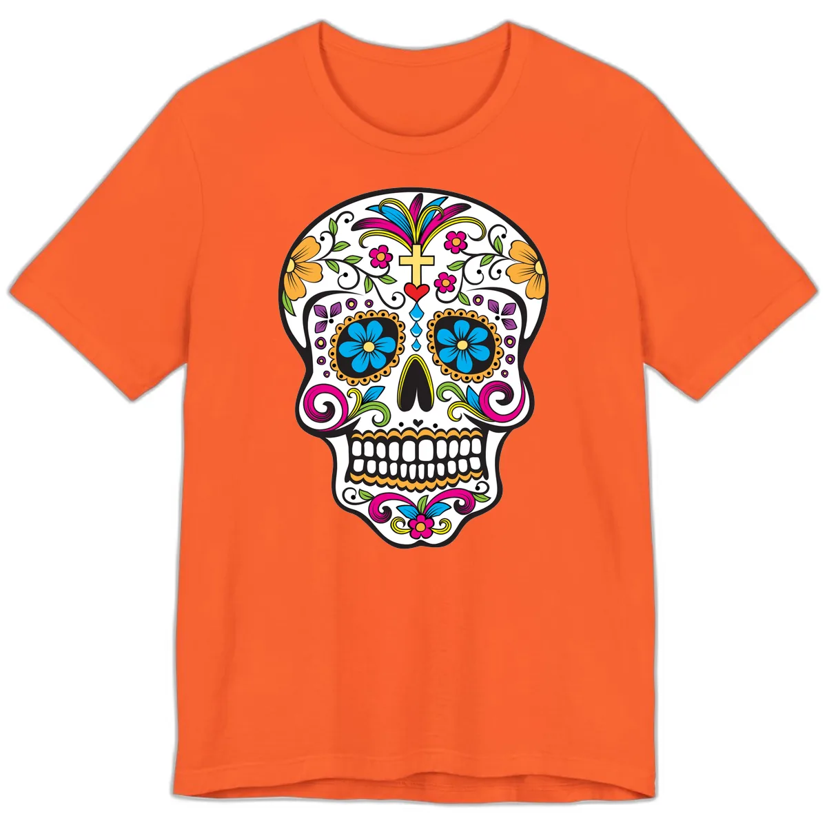 Vibrant Sugar Skull With Cross And Flowers Premium T-Shirt in Orange