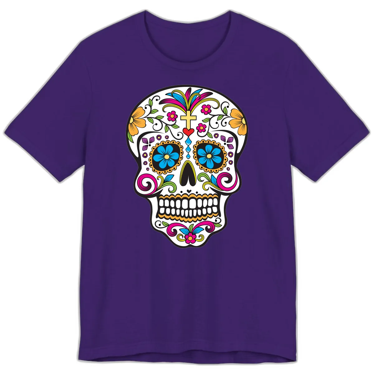 Vibrant Sugar Skull With Cross And Flowers Premium T-Shirt in Team Purple