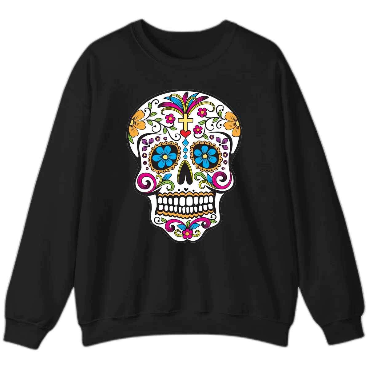 Vibrant Sugar Skull With Cross And Flowers Sweatshirt in Black