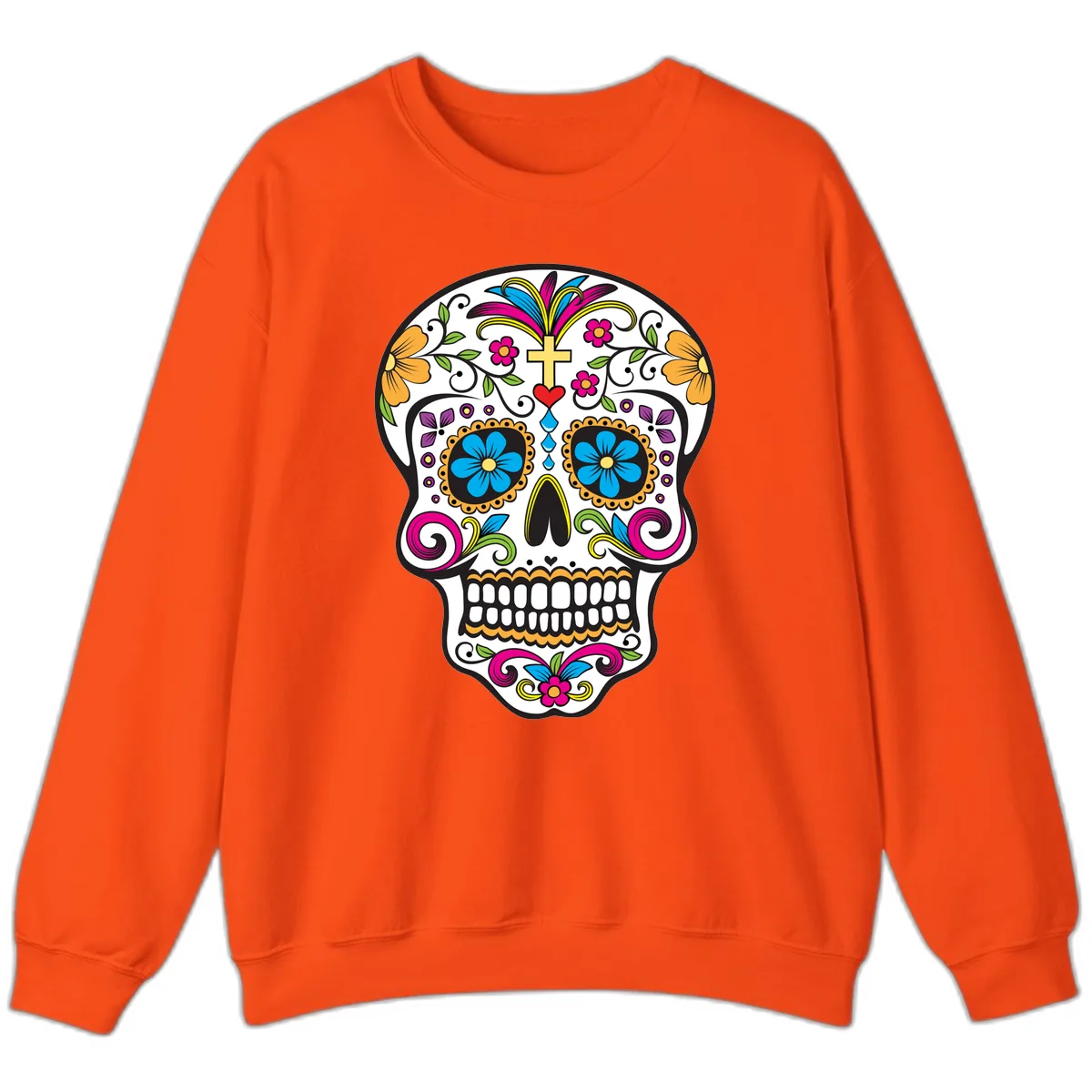 Vibrant Sugar Skull With Cross And Flowers Sweatshirt in Orange