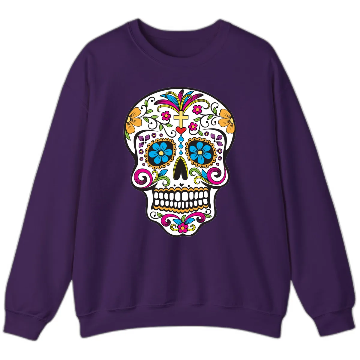 Vibrant Sugar Skull With Cross And Flowers Sweatshirt in Purple