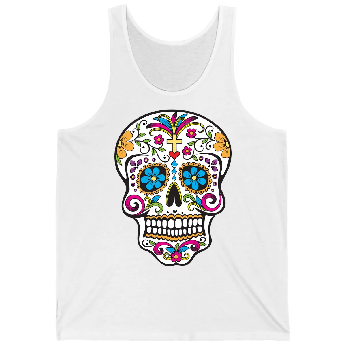 Vibrant Sugar Skull With Cross And Flowers Tank in White
