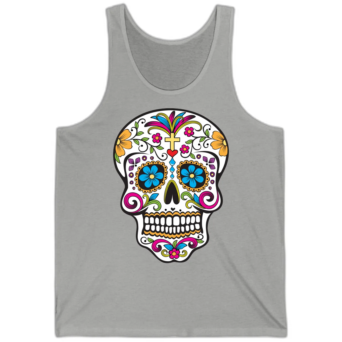 Vibrant Sugar Skull With Cross And Flowers Tank in Athletic Heather