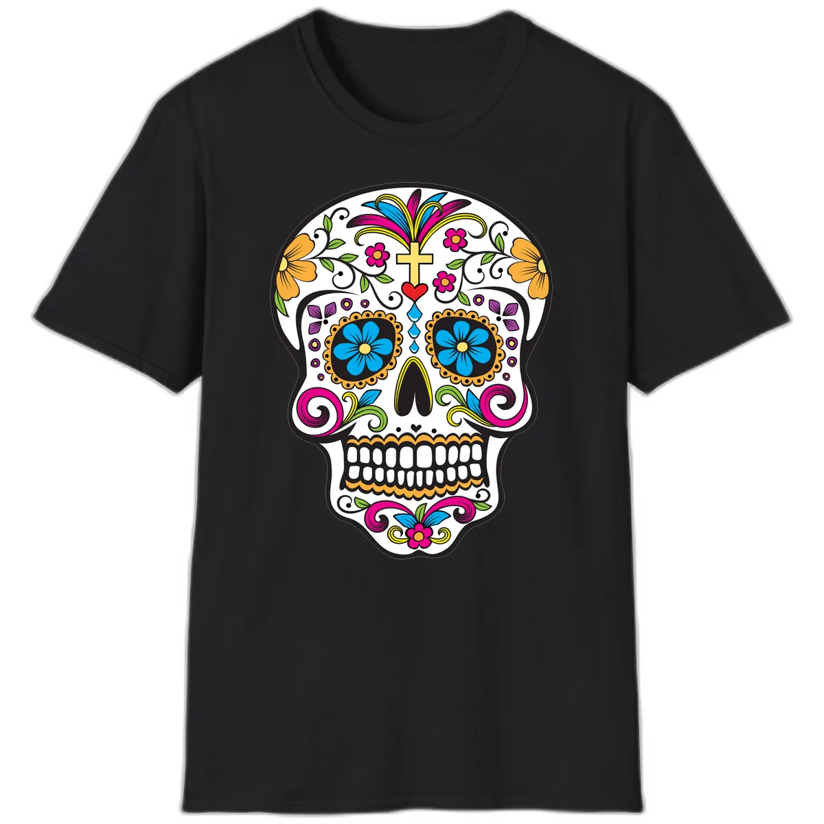 Vibrant Sugar Skull With Cross And Flowers T-Shirt in Black