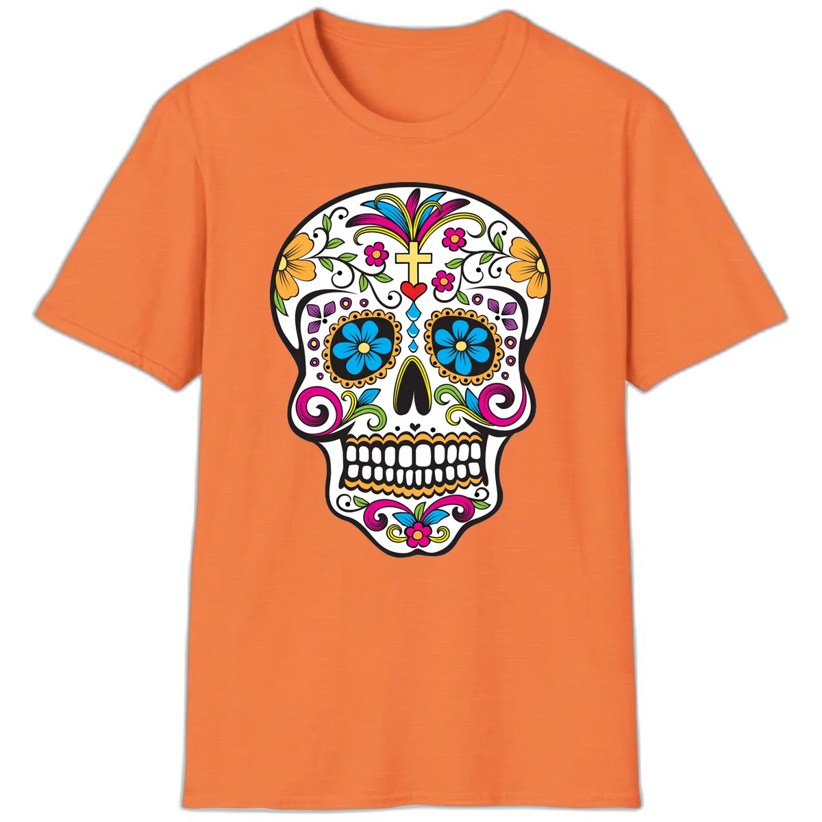 Vibrant Sugar Skull With Cross And Flowers T-Shirt in Heather Orange