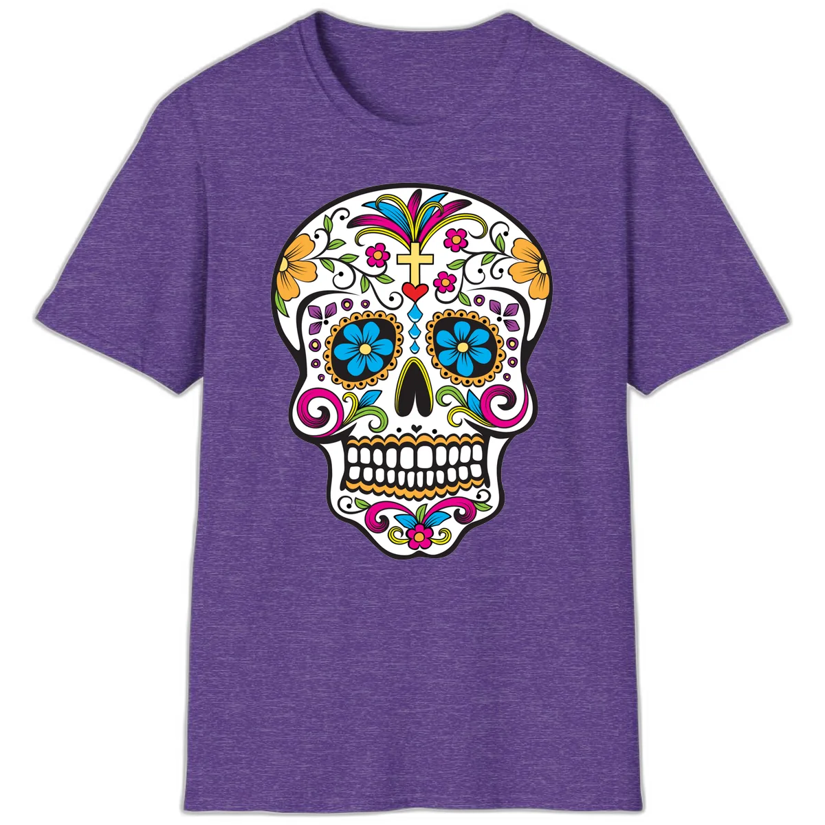 Vibrant Sugar Skull With Cross And Flowers T-Shirt in Heather Purple