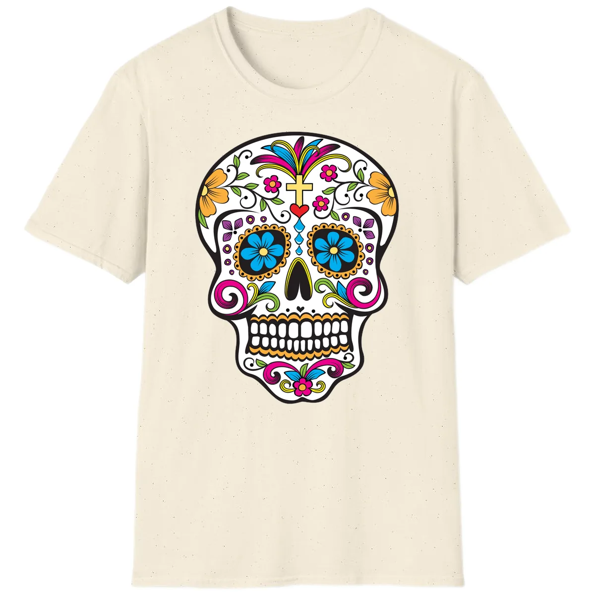 Vibrant Sugar Skull With Cross And Flowers T-Shirt in Natural