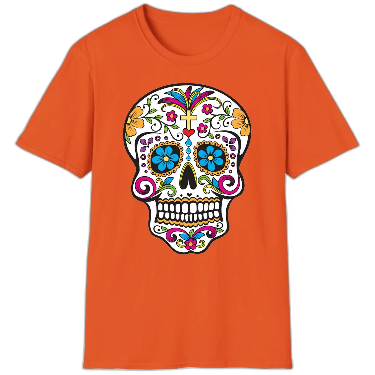 Vibrant Sugar Skull With Cross And Flowers T-Shirt in Orange