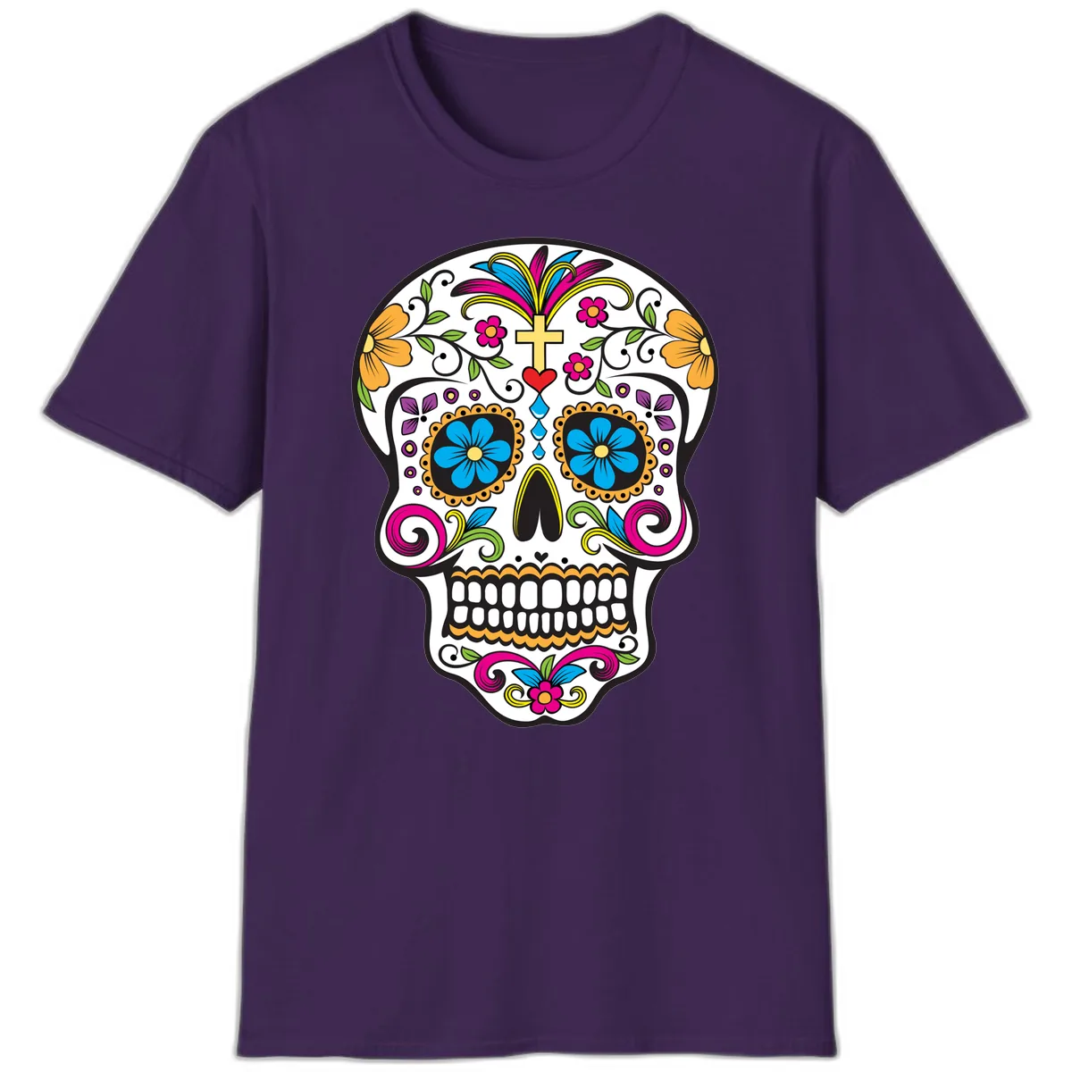 Vibrant Sugar Skull With Cross And Flowers T-Shirt in Purple