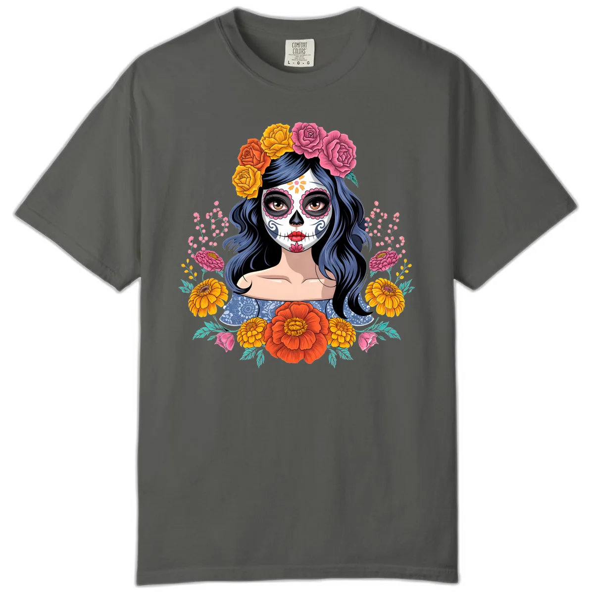 Floral Crown Calavera Portrait Comfort Color in Pepper