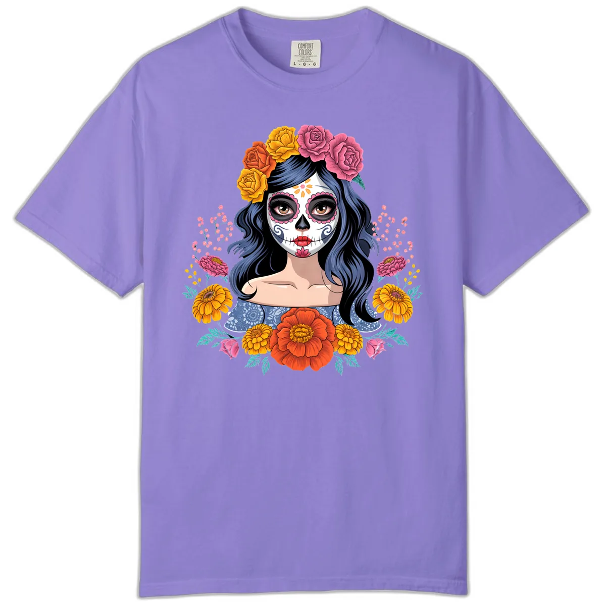 Floral Crown Calavera Portrait Comfort Color in Violet