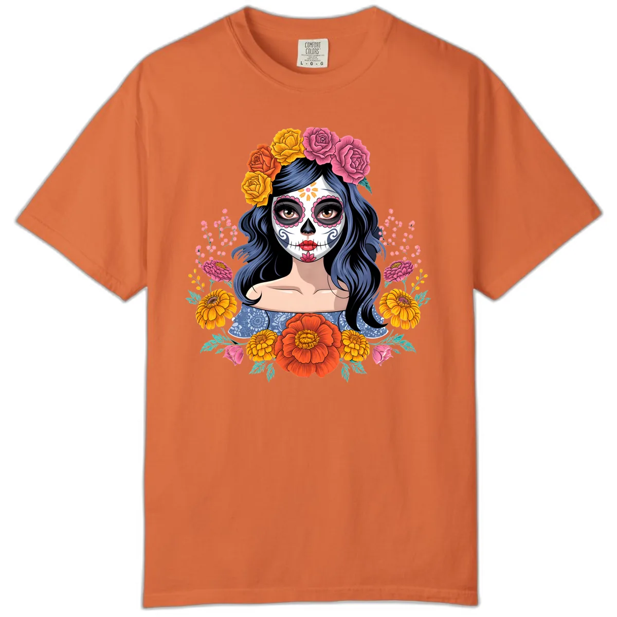 Floral Crown Calavera Portrait Comfort Color in Burnt Orange