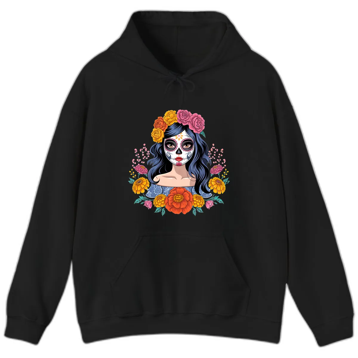 Floral Crown Calavera Portrait Hoodie in Black