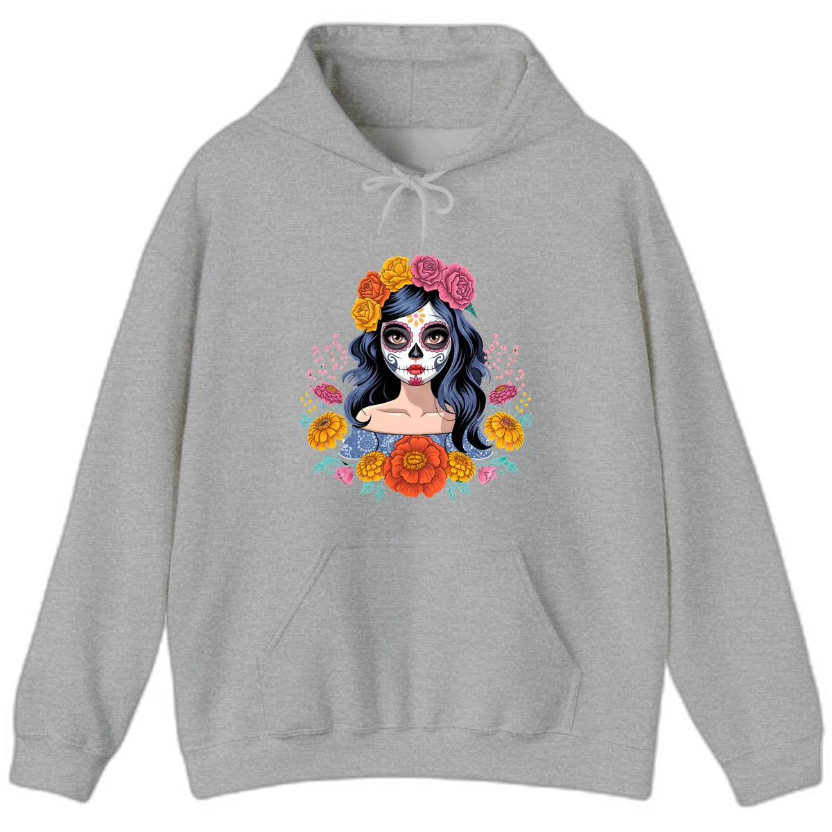 Floral Crown Calavera Portrait Hoodie in Sport Grey