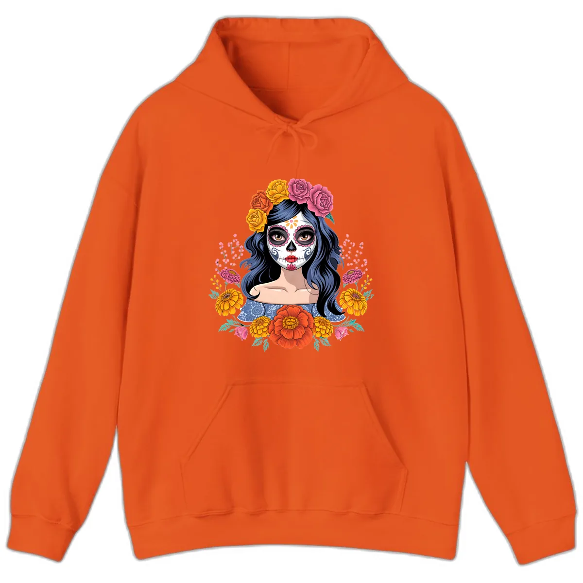 Floral Crown Calavera Portrait Hoodie in Orange