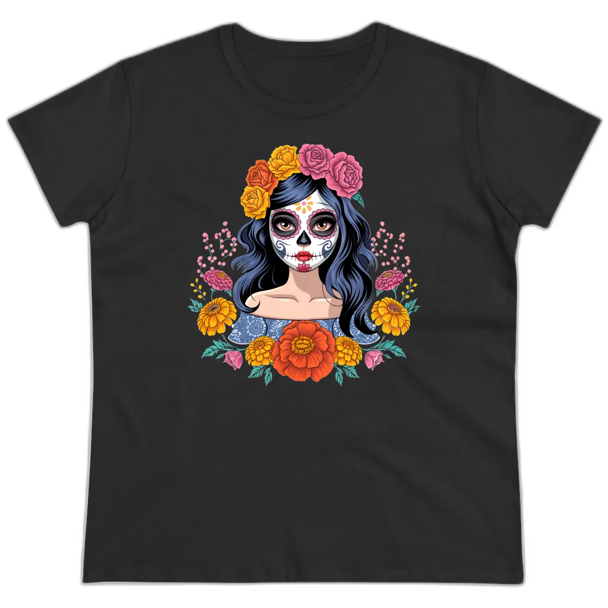 Floral Crown Calavera Portrait Ladies Tee in Black