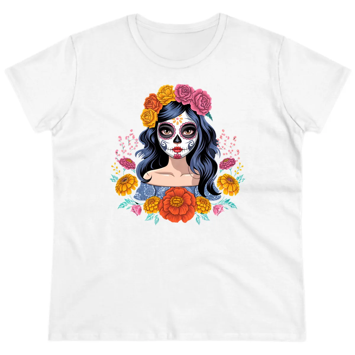 Floral Crown Calavera Portrait Ladies Tee in White