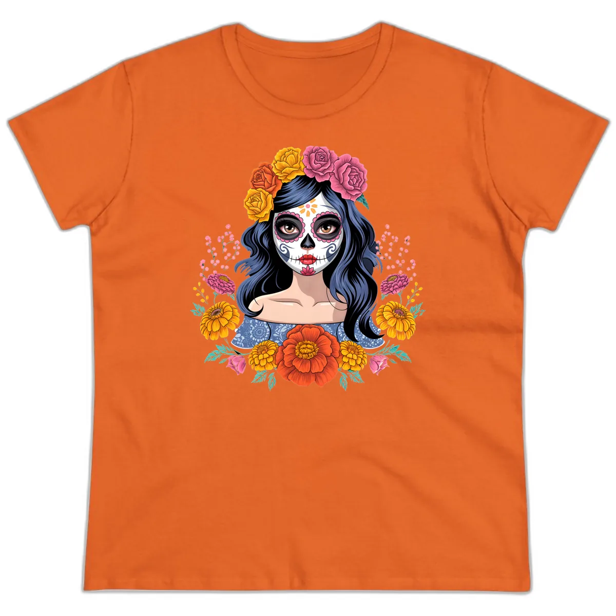 Floral Crown Calavera Portrait Ladies Tee in Orange
