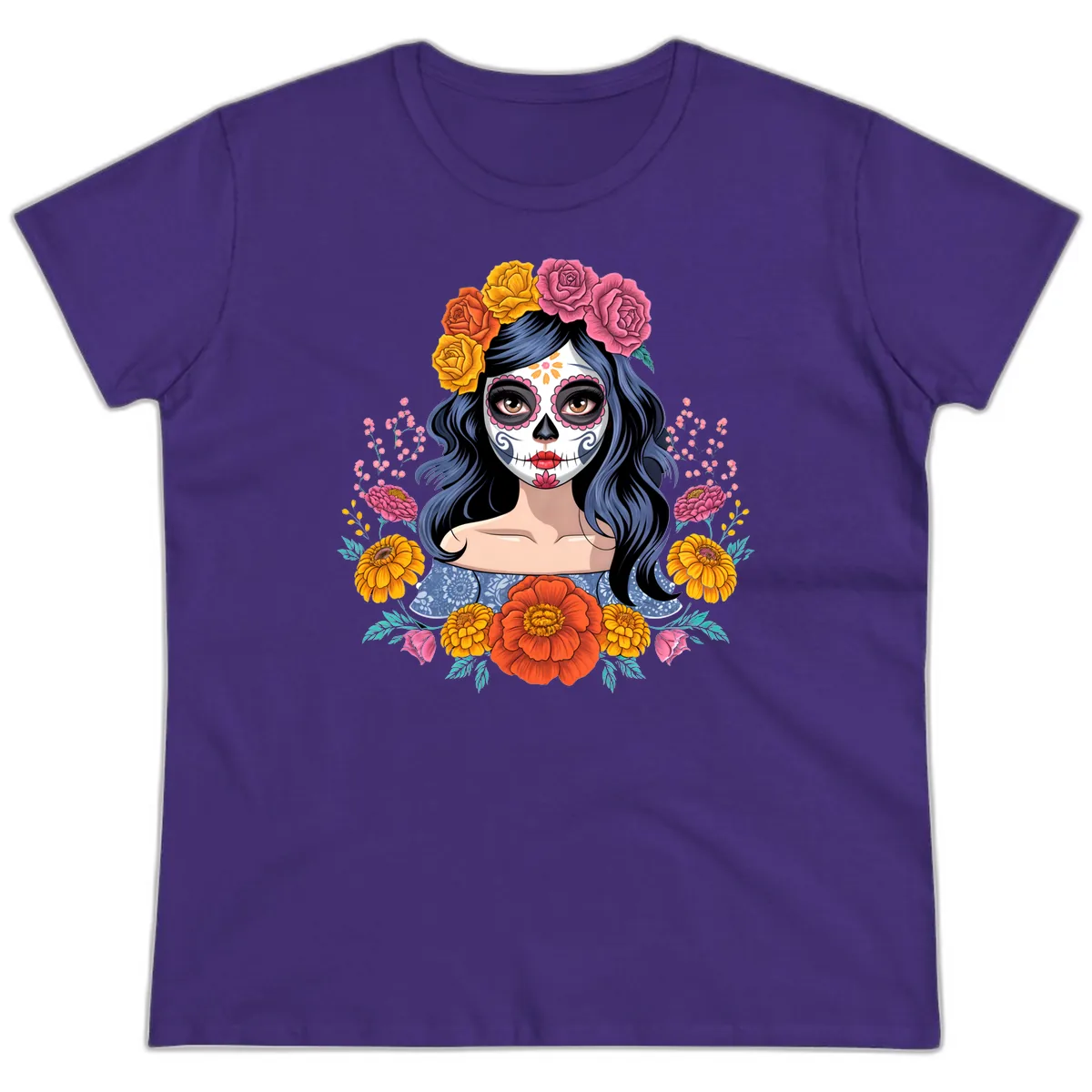 Floral Crown Calavera Portrait Ladies Tee in Purple
