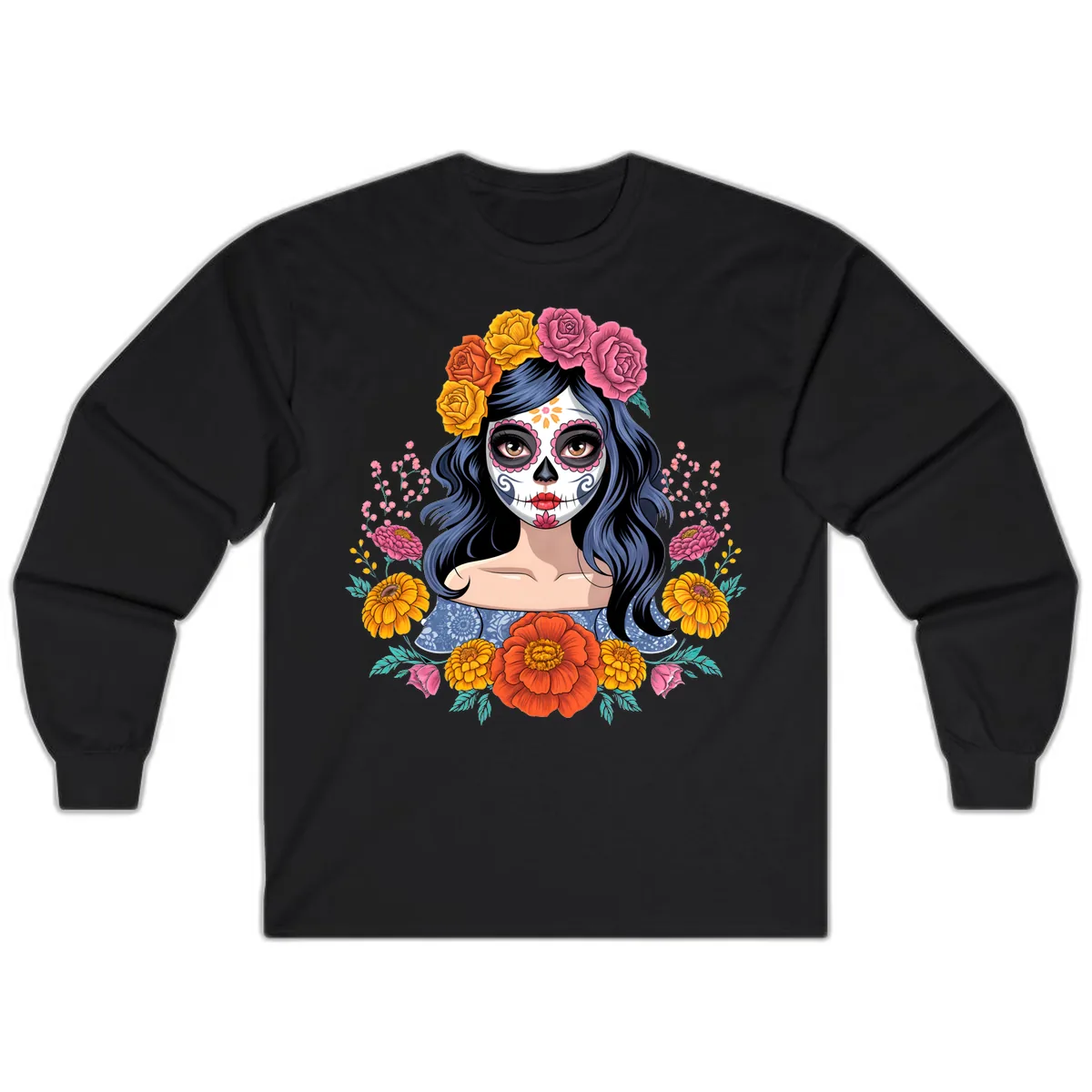 Floral Crown Calavera Portrait Long Sleeve in Black