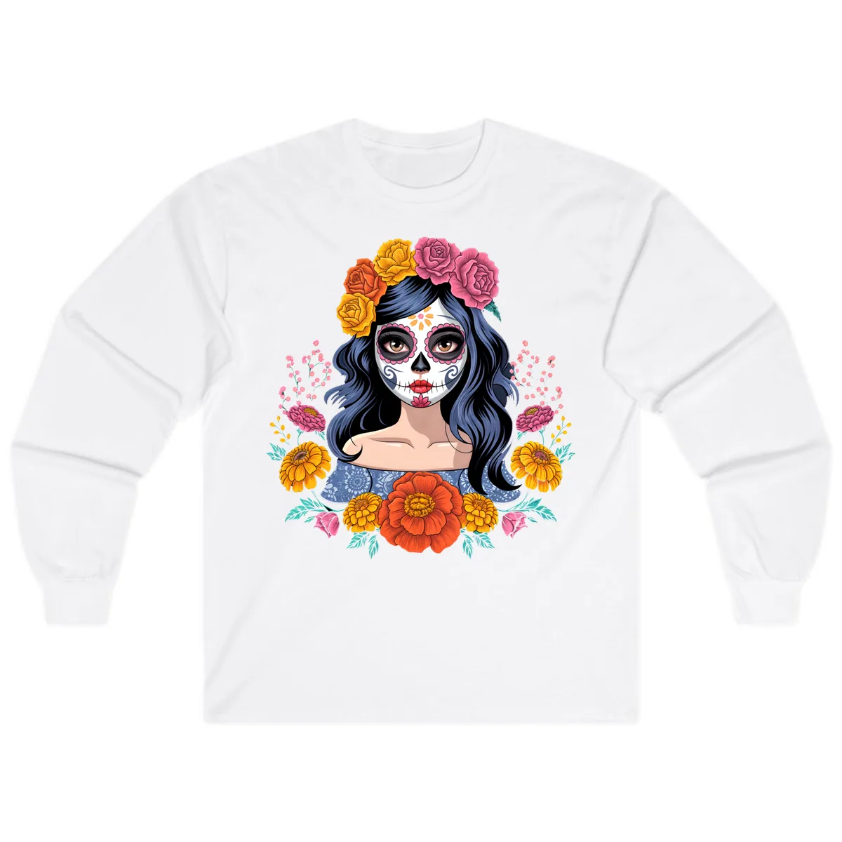 Floral Crown Calavera Portrait Long Sleeve in White