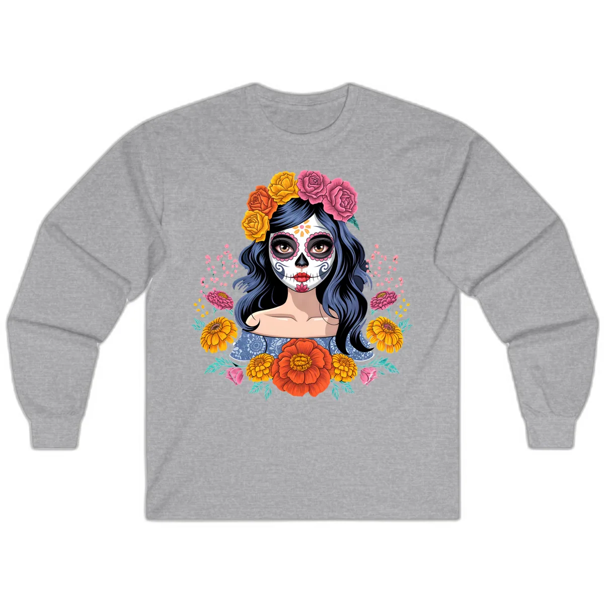 Floral Crown Calavera Portrait Long Sleeve in Sport Grey