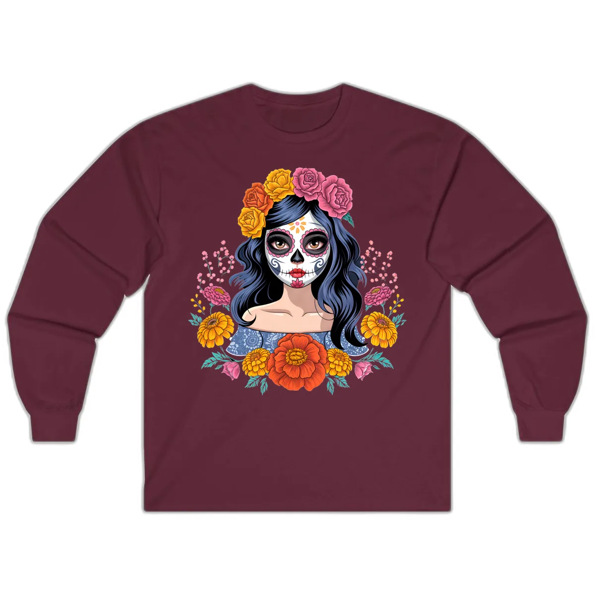 Floral Crown Calavera Portrait Long Sleeve in Maroon