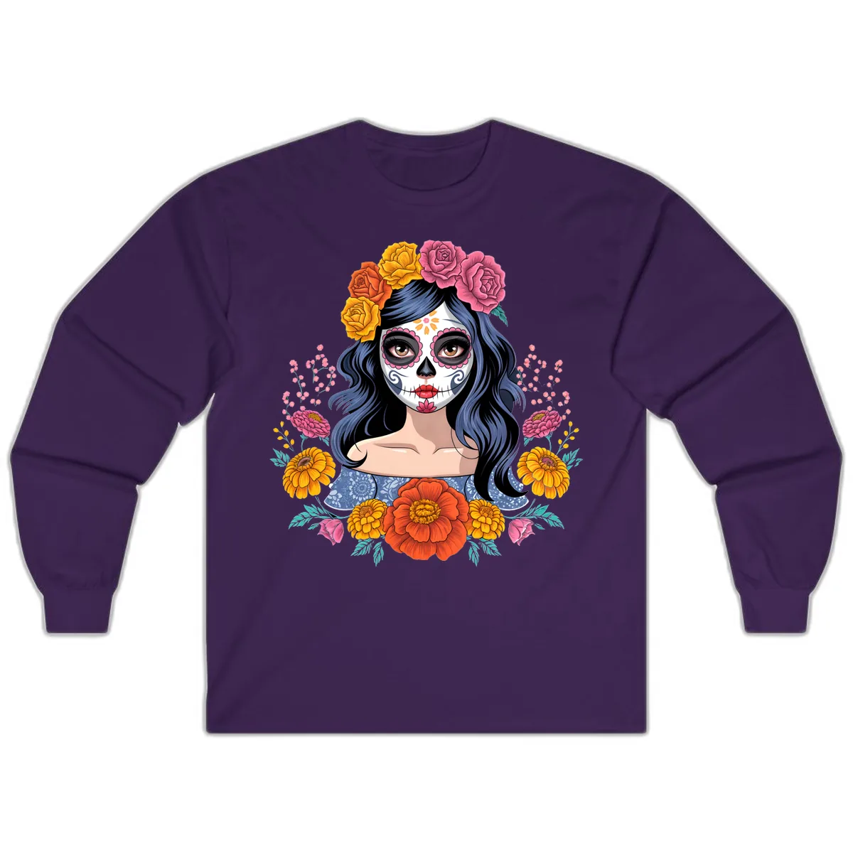 Floral Crown Calavera Portrait Long Sleeve in Purple