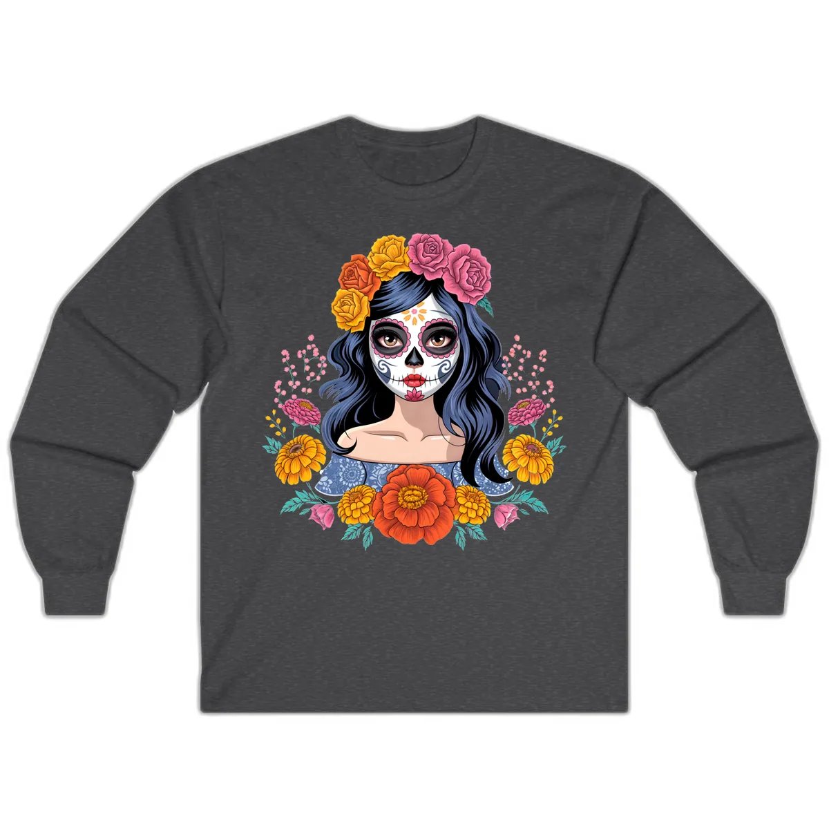 Floral Crown Calavera Portrait Long Sleeve in Dark Heather