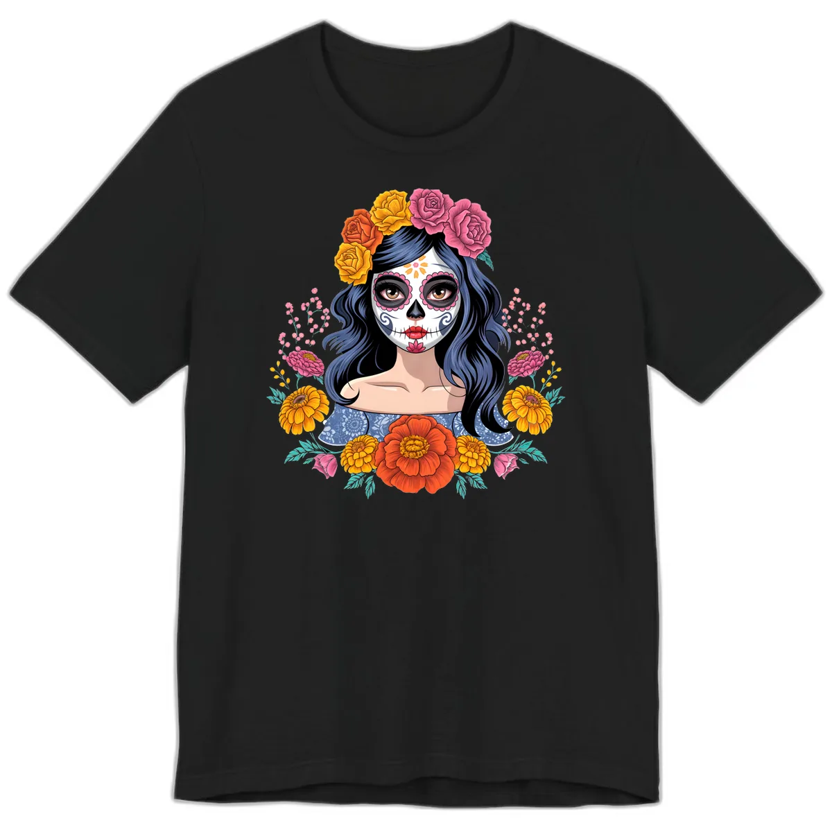Floral Crown Calavera Portrait Premium T-Shirt in Black