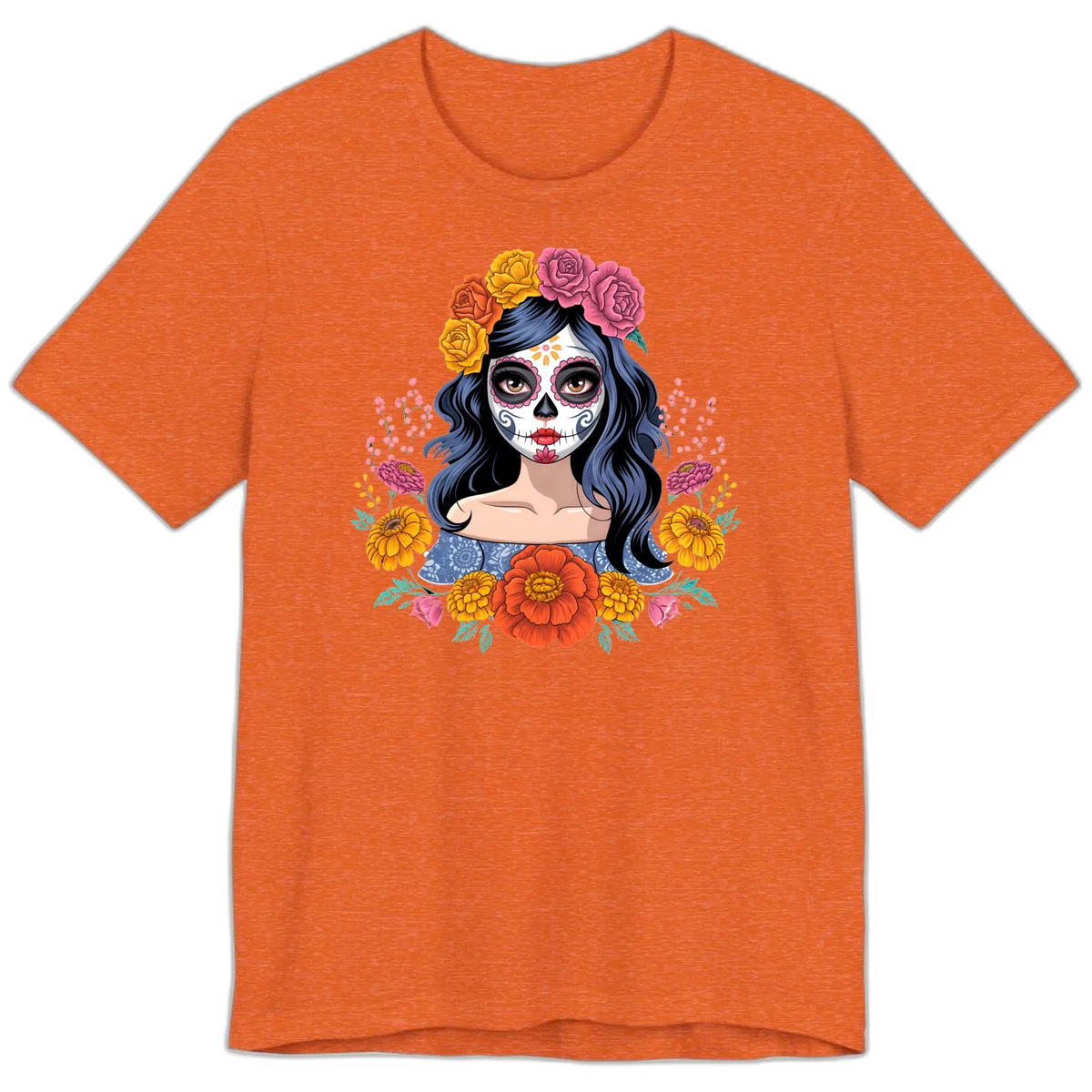 Floral Crown Calavera Portrait Premium T-Shirt in Heather Orange