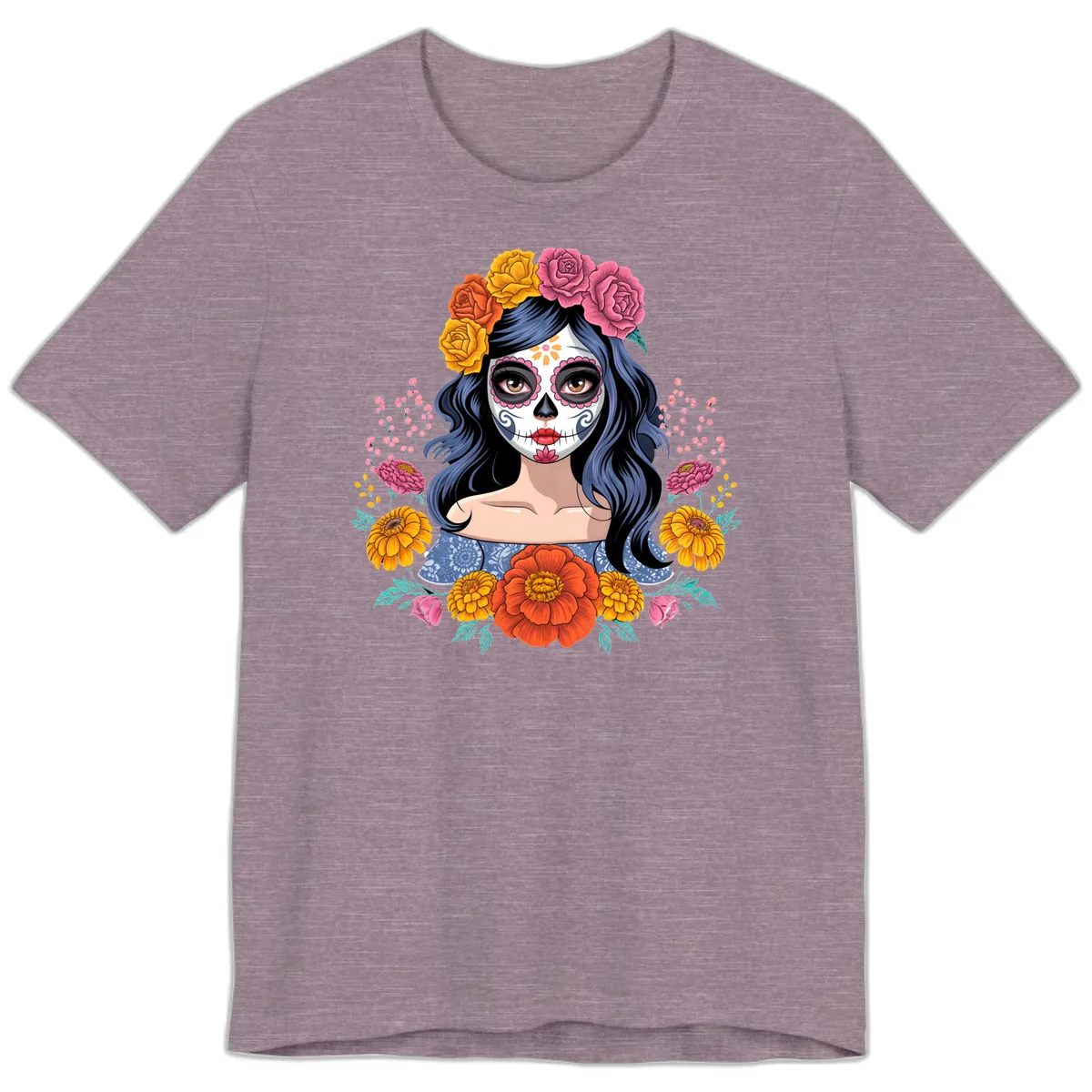 Floral Crown Calavera Portrait Premium T-Shirt in Heather Purple