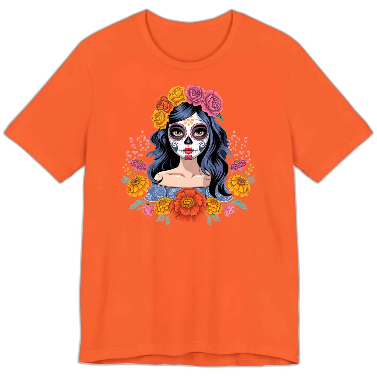 Floral Crown Calavera Portrait Premium T-Shirt in Orange