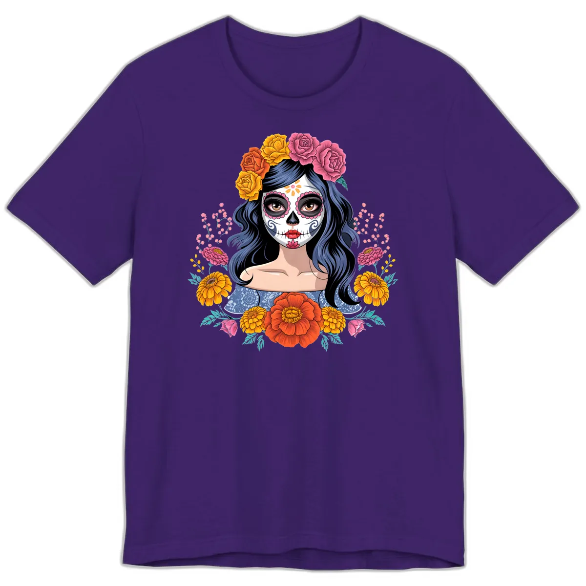Floral Crown Calavera Portrait Premium T-Shirt in Team Purple