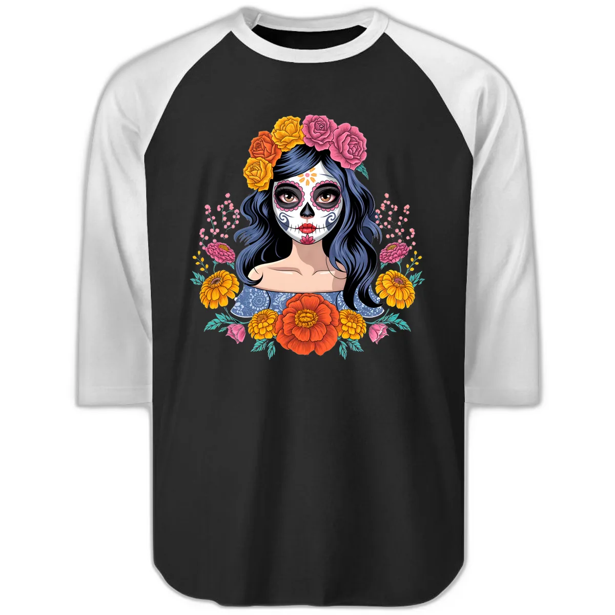 Floral Crown Calavera Portrait Raglan 3/4 in Black White